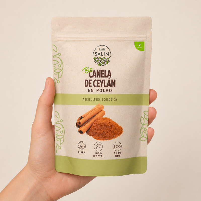 Bolsa Eco Salim Bio Canela de Ceylán en Polvo ecológica sobre fondo neutro