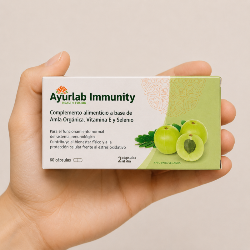 Mano neutra sosteniendo caja de Ayurlab Immunity con Amla Orgánica, Vitamina E y Selenio sobre fondo claro minimalista.