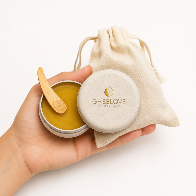 Mano neutra sosteniendo Bálsamo Facial de Ghee de Ghee Love sobre fondo blanco roto minimalista.