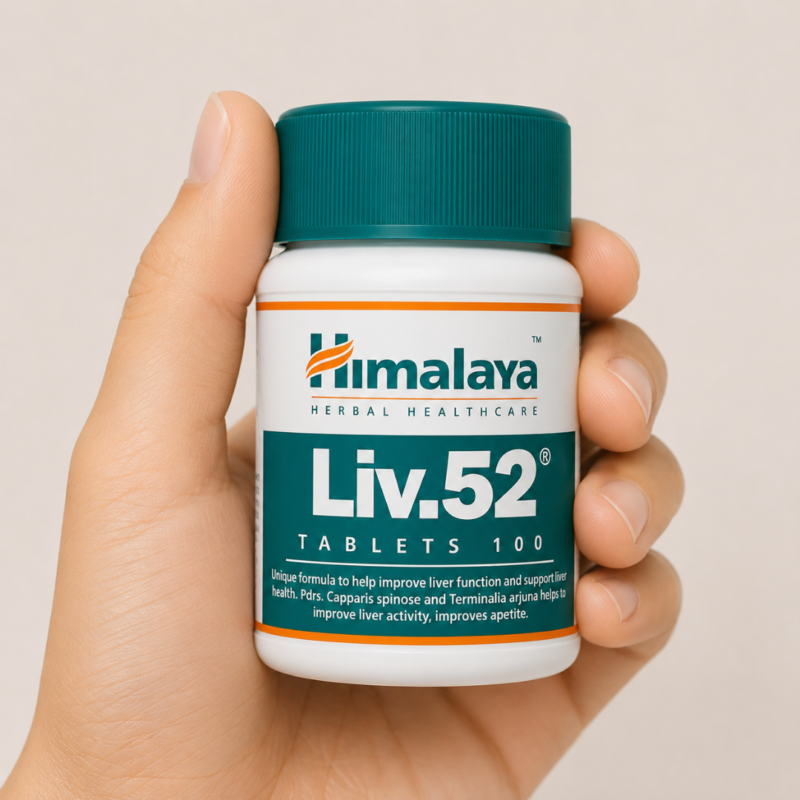 Mano neutra sosteniendo un bote de Liv.52 Himalaya sobre fondo claro minimalista.