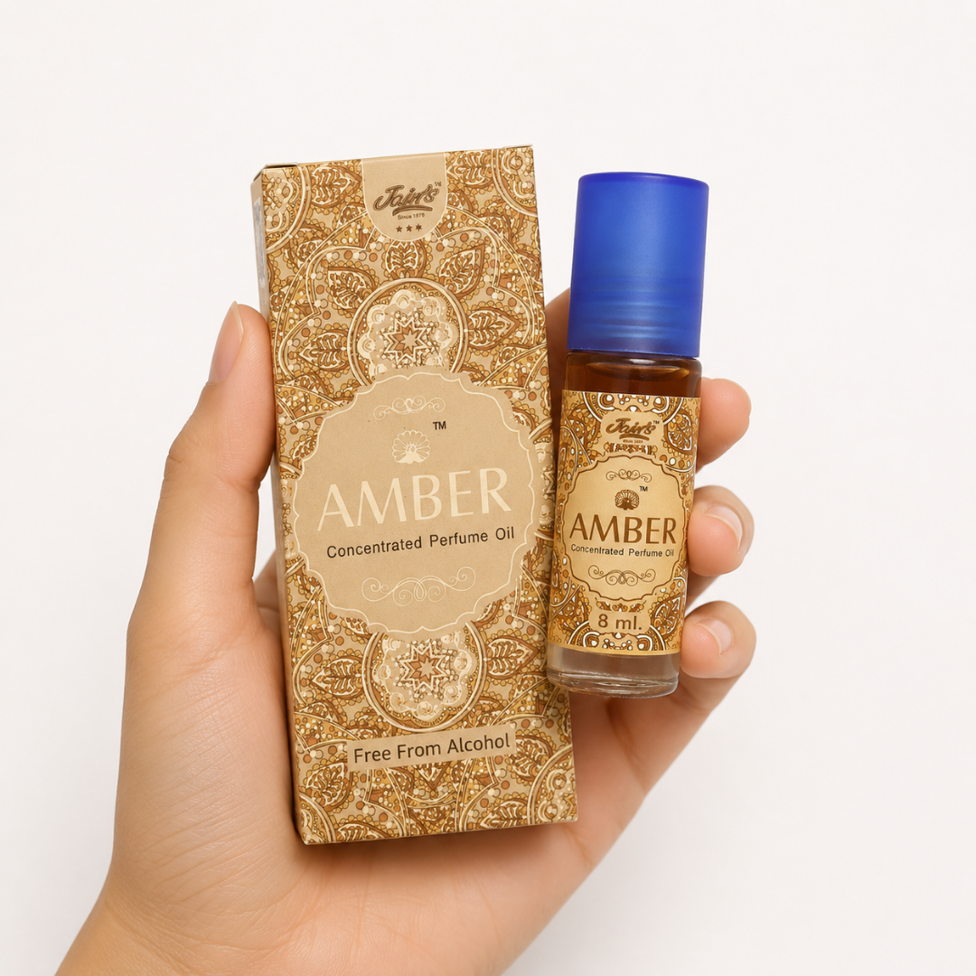 Attar Amber Perfume en Aceite Amber Jains 100% natural y sin alcohol. Fragancia oriental cálida, elegante y duradera en formato roll-on.