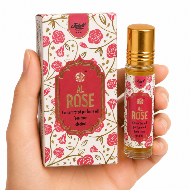 Mano neutra sosteniendo Attar Al Rose 100% natural de Jains con diseño floral rojo sobre fondo blanco minimalista.