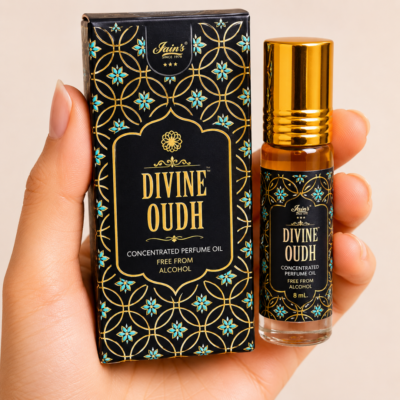 Mano neutra sosteniendo Attar Divine Oudh 100% natural de Jains sobre fondo beige minimalista.