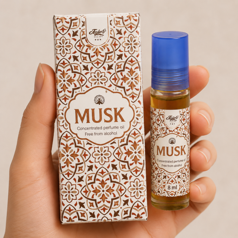 Mano neutra sosteniendo Attar Musk 100% natural de Jains con diseño geométrico beige sobre fondo minimalista.