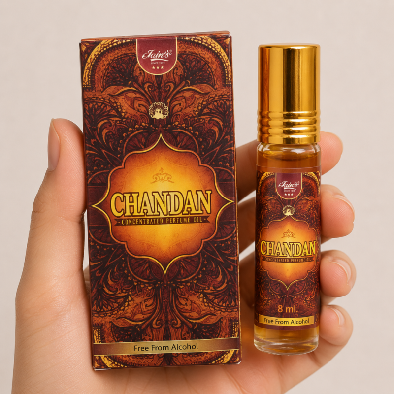 Mano neutra sosteniendo Attar Chandan 100% natural de Jains con diseño oriental marrón y dorado sobre fondo beige minimalista.