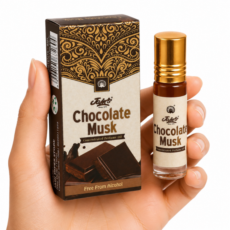 Mano neutra sosteniendo Attar Chocolate Musk 100% natural de Jains con diseño marrón y dorado sobre fondo blanco minimalista.