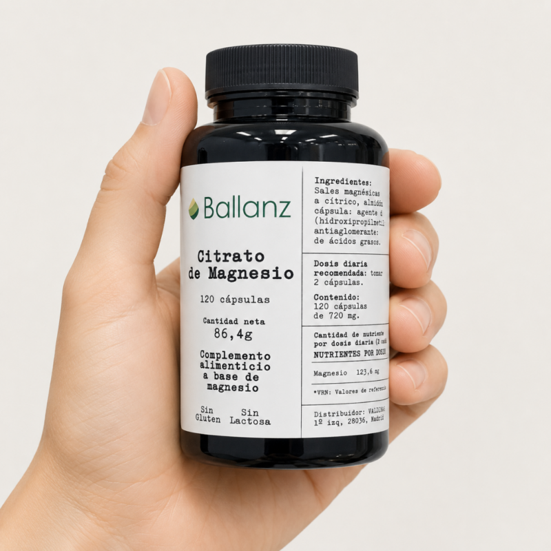 Mano neutra sosteniendo un bote de Citrato de Magnesio Ballanz 86,4g sobre fondo claro y minimalista.