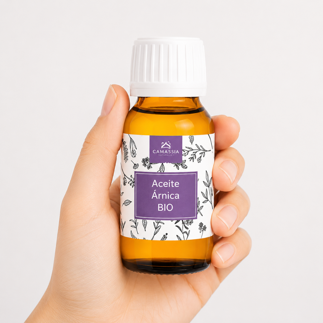 Aceite Árnica Bio Mano neutra sosteniendo Aceite Árnica BIO de Camassia sobre fondo blanco minimalista.