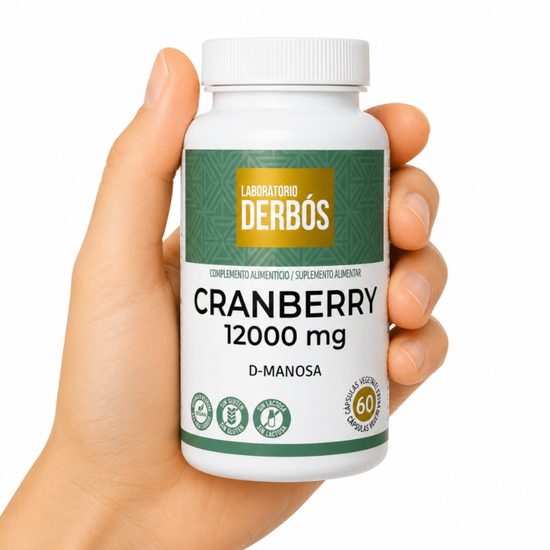 Cranberry 12000mg con D-Manosa de Laboratorio Derbós. Complemento natural para apoyar el bienestar urinario y el cuidado diario de las vías urinarias.