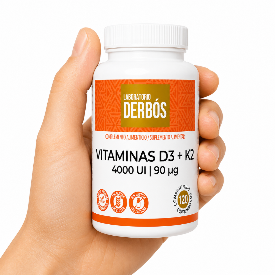 Vitaminas D3 + K2 Botella de Vitaminas D3 + K2 4000 UI de Laboratorio Derbós sostenida por una mano neutra sobre fondo claro.