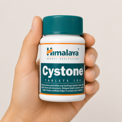 Bote y caja de Cystone Himalaya 100 tabletas sobre fondo claro, suplemento ayurvédico para bienestar urinario y renal.