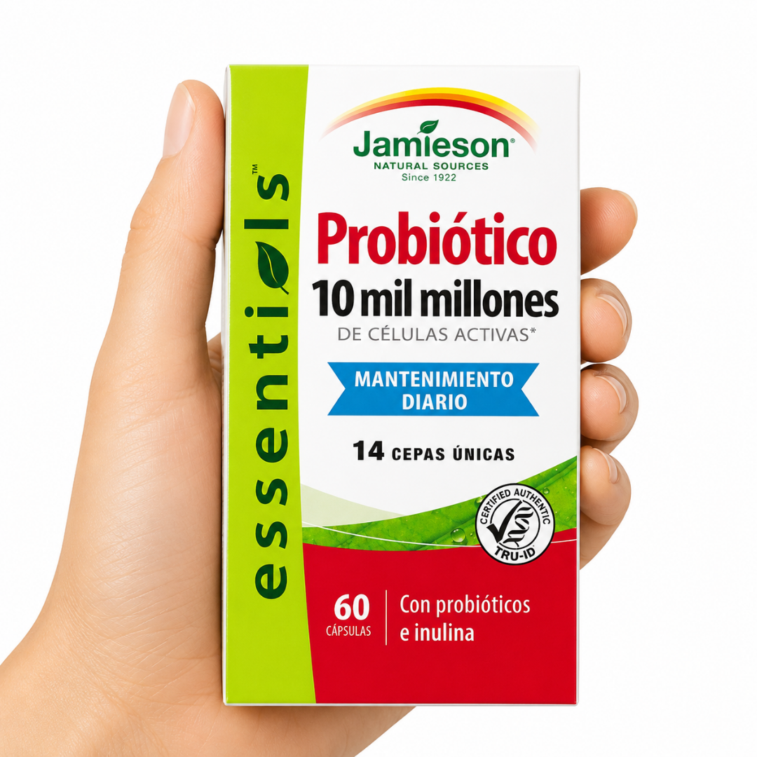 Probiótico 10 mil millones Mano sosteniendo Jamieson Probiótico 10 Mil Millones 60 cápsulas con 14 cepas probióticas e inulina sobre fondo blanco.