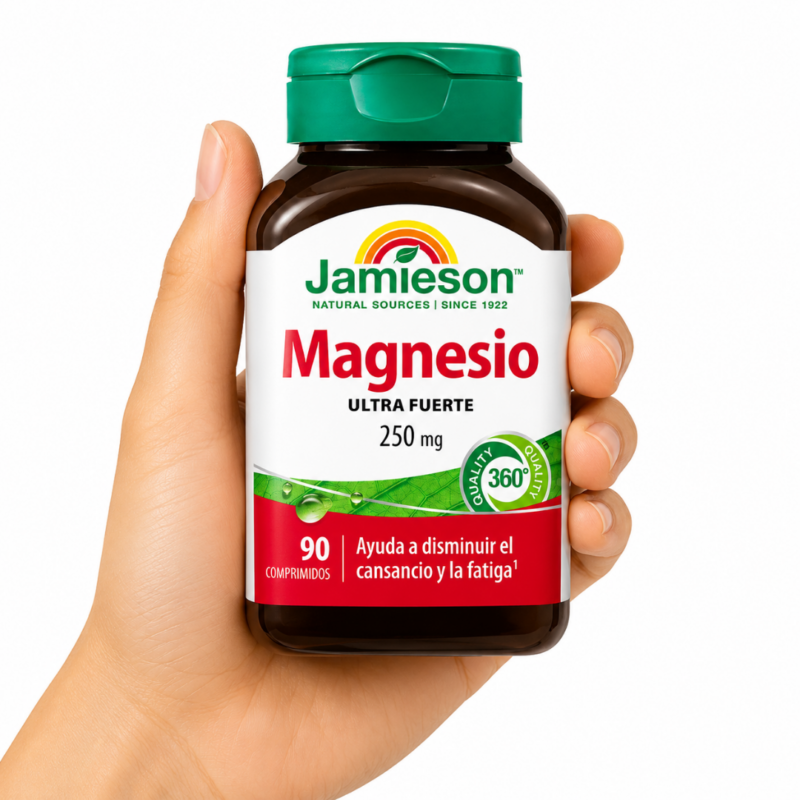 Mano sosteniendo suplemento Jamieson Magnesio 250mg Ultra Fuerte 90 comprimidos sobre fondo blanco.