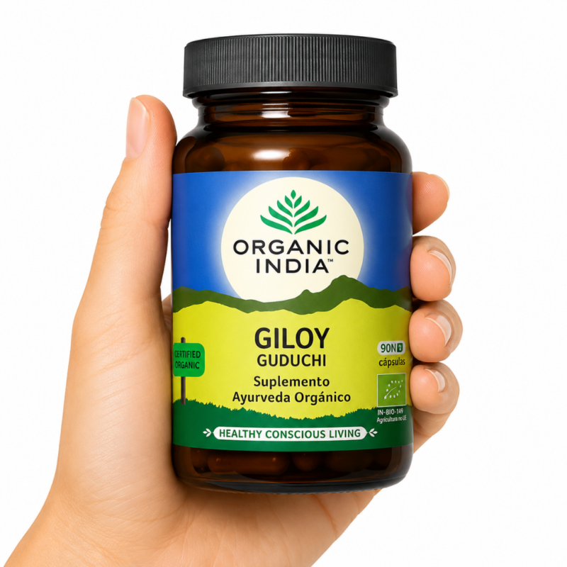 Mano sosteniendo suplemento ayurvédico Organic India Giloy Guduchi 90 cápsulas sobre fondo blanco
