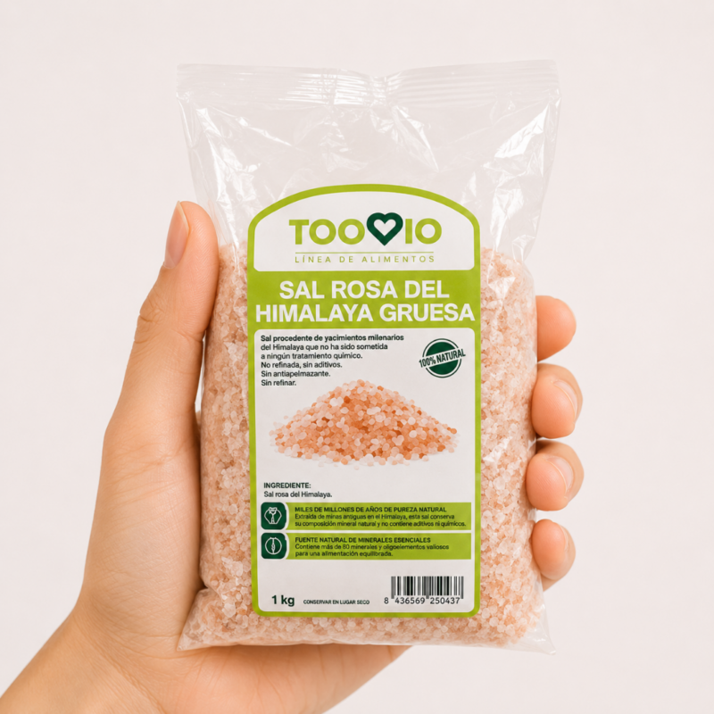 Mano neutra sosteniendo bolsa de Sal Rosa del Himalaya Gruesa TooBio sobre fondo blanco minimalista.
