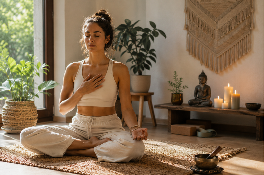 Mujer meditando en un espacio tranquilo y natural, practicando mindfulness y equilibrio mente-cuerpo según Ayurveda.