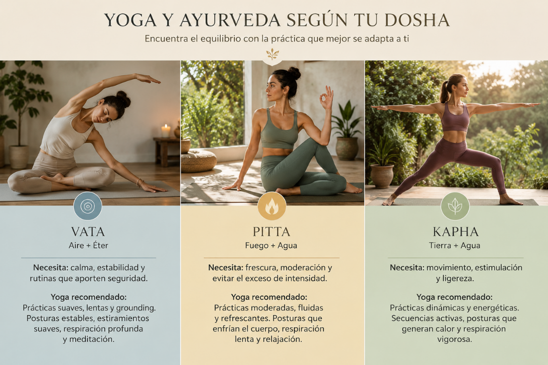 Infografía de Yoga y Ayurveda mostrando prácticas recomendadas para los doshas Vata, Pitta y Kapha.
