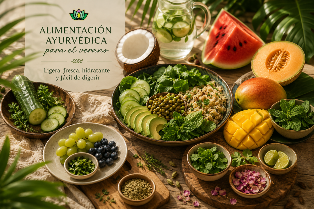 Alimentación ayurvédica para el verano con frutas, verduras e ingredientes refrescantes.