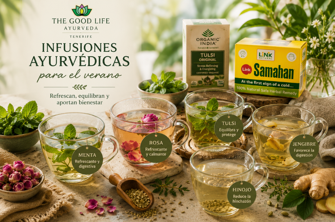 Infusiones ayurvédicas para el verano con Tulsi, Samahan, menta y rosa.