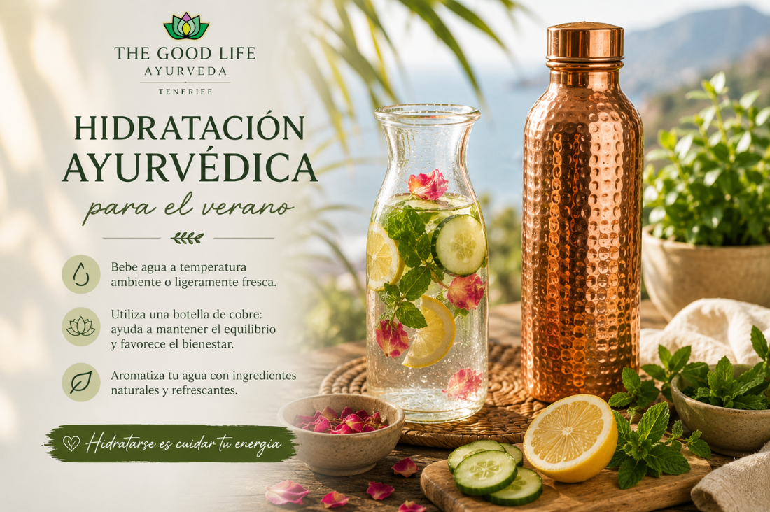 Hidratación ayurvédica con botella de cobre, limón, pepino y menta.
