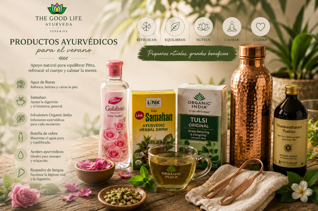 Productos ayurvédicos recomendados para el verano disponibles en The Good Life Ayurveda.