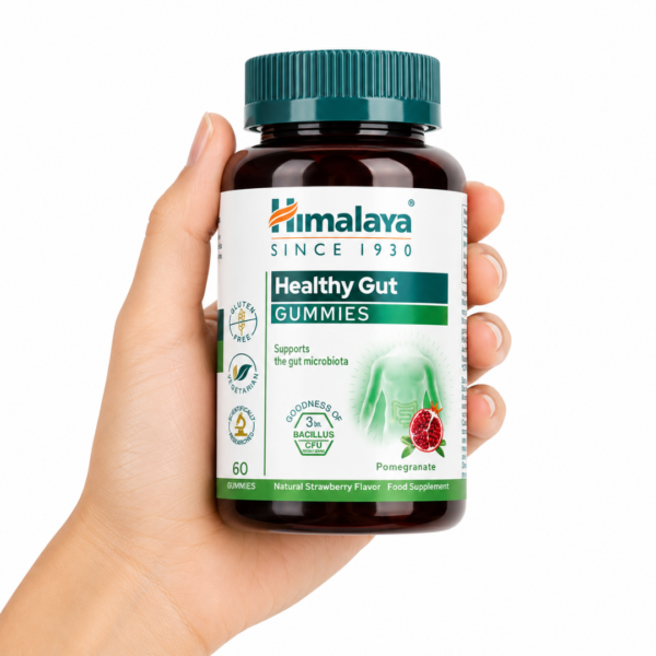 Himalaya Healthy Gut Gummies 60 gominolas probióticas para la salud digestiva y el equilibrio de la microbiota intestinal sobre fondo blanco