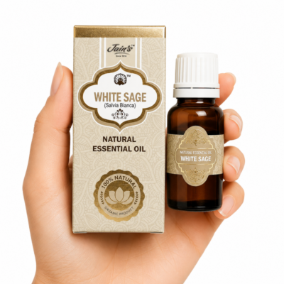 Aceite Esencial de Salvia Blanca (White Sage) Jain's 100% natural con caja color marfil y frasco de vidrio ámbar sobre fondo blanco.