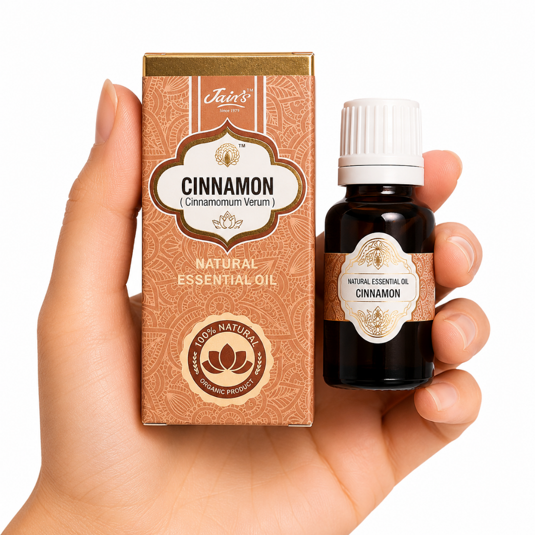 TGL'26 01 - Web - PWP-JAI-0040 - Aceite Esencial Cinnamon Aceite Esencial de Canela (Cinnamon) 100% Natural Jain's con botella de cristal y caja original para aromaterapia.