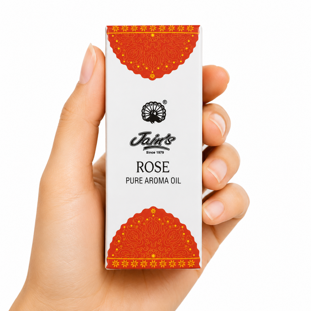 TGL'26 01 - Web - PWP-JAI-0101 - Aceite Aromático Rose Caja de Aceite Aromático Rose Jain's con fragancia de rosa para difusores, quemadores y aromaterapia ambiental.