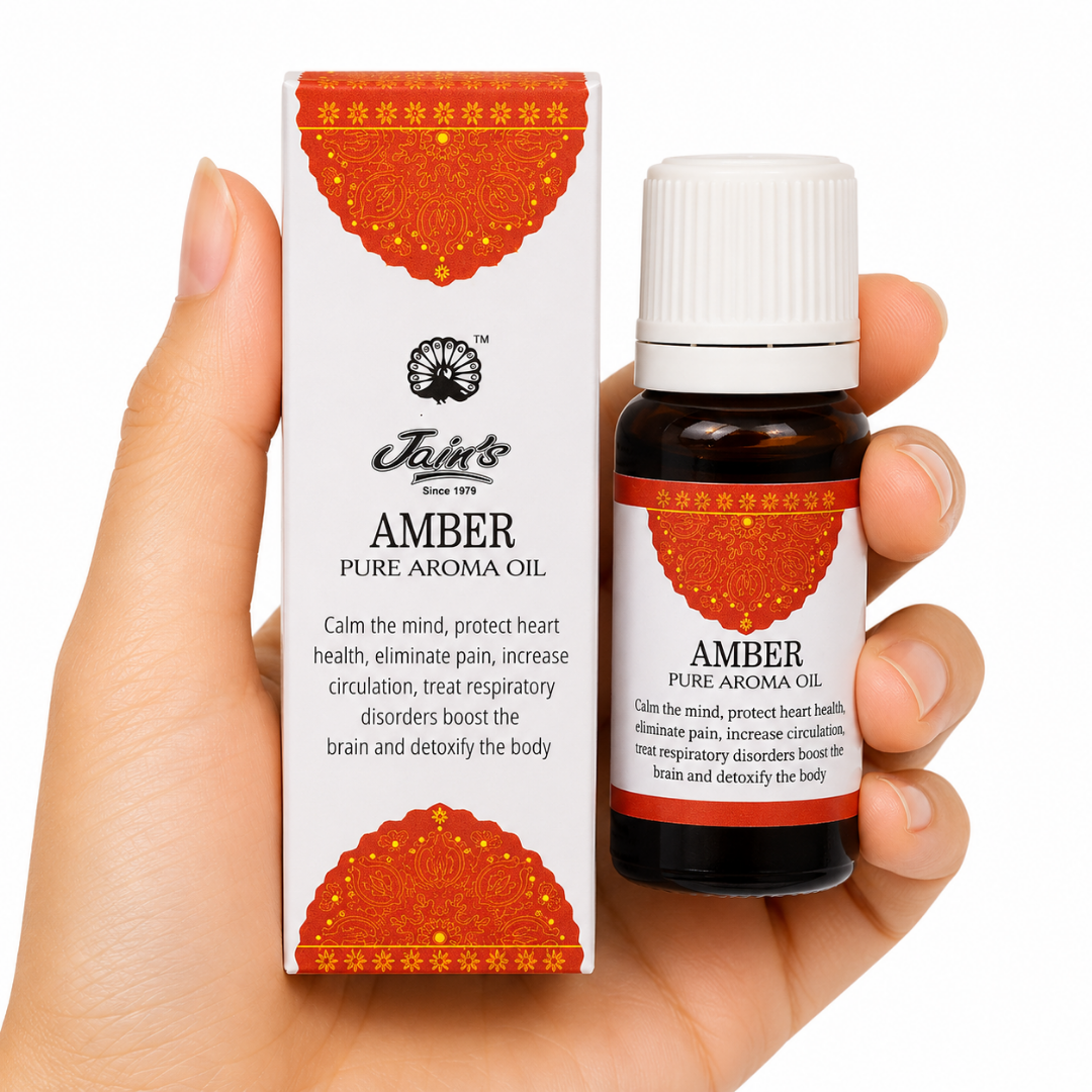 TGL'26 01 - Web - PWP-JAI-0103 - Aceite Aromático Ambar Caja y frasco de Aceite Aromático Ámbar Jain's para difusores, quemadores de aceite, humidificadores y aromaterapia ambiental.
