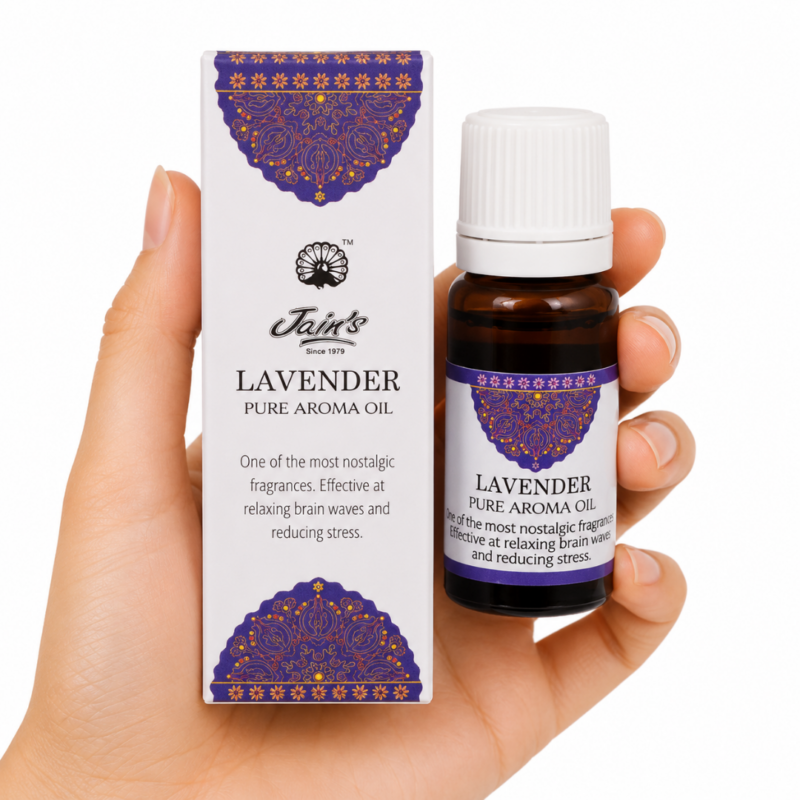 Caja y frasco de Aceite Aromático Lavanda Jain's con fragancia floral para difusores, quemadores de aceite y aromaterapia ambiental.