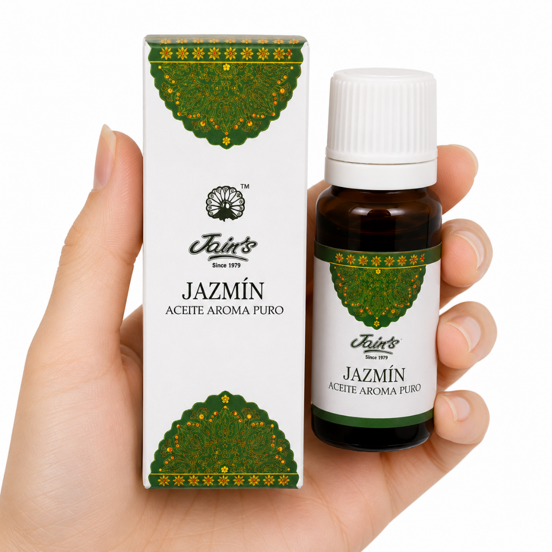 TGL'26 01 - Web - PWP-JAI-0113 - Aceite Aromático JAzmin Caja y frasco de Aceite Aromático Jazmín (Jasmine) Jain's para difusores, quemadores de aceite y aromaterapia ambiental.