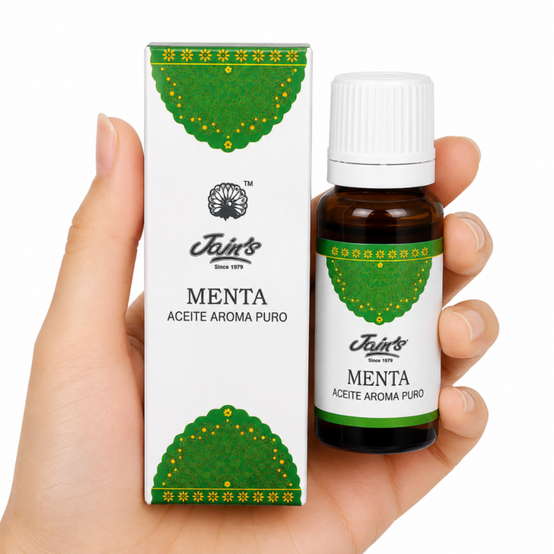 Caja y frasco de Aceite Aromático Menta Jain's para difusores, quemadores de aceite y aromaterapia ambiental.