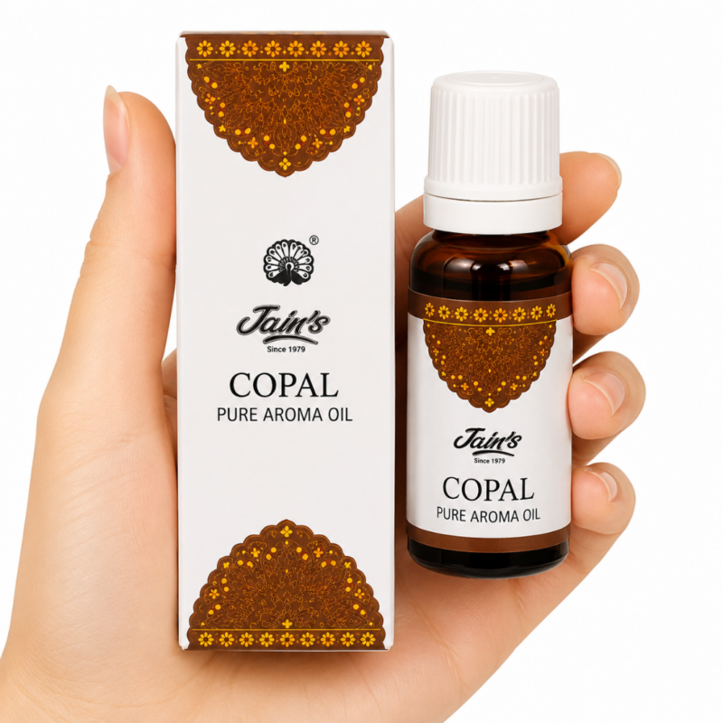 Caja y frasco de Aceite Aromático Copal Jain's para difusores, quemadores de aceite y aromaterapia ambiental.