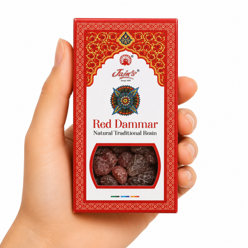 Resina de Goma Dammar Roja Jain's en caja original con ventana y bolsa de resina natural para quemadores e incienso.