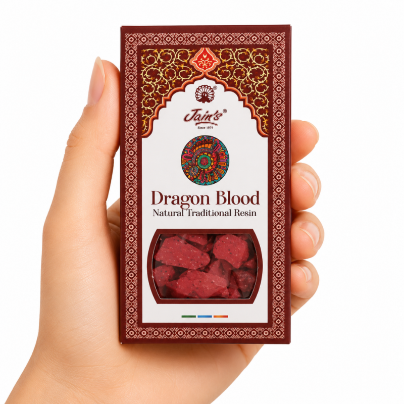 Resina de Goma Dragon Blood Jain's en caja original con ventana y bolsa de resina natural roja para incienso y quemadores.