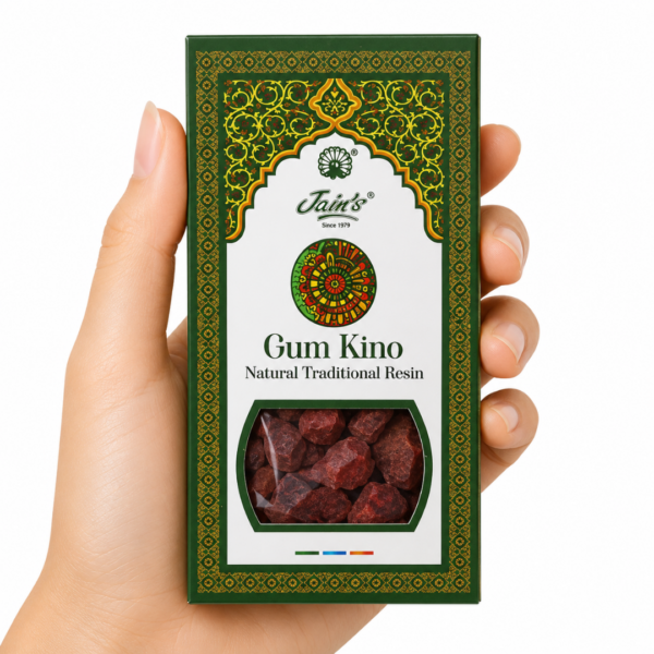 Resina de Goma Kino Jain's en caja original con ventana y bolsa de resina natural para quemadores e incienso.