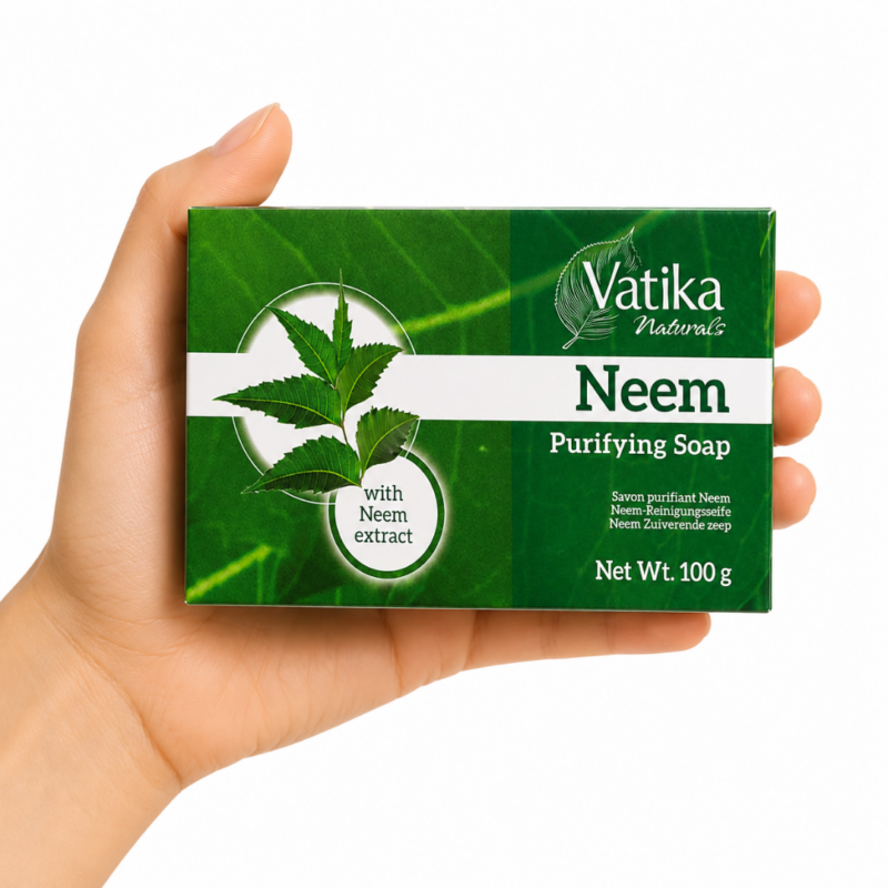 Jabón Vatika Naturals Neem 100 g con extracto de neem sobre fondo blanco para el cuidado purificante de la piel.