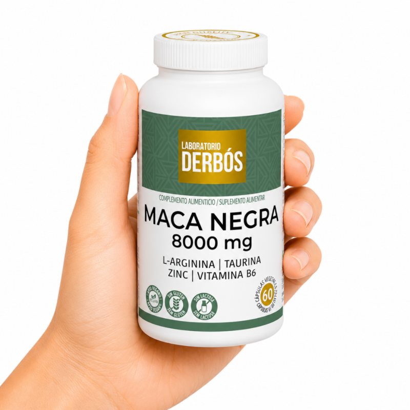 Maca Negra 8000 mg Laboratorio Derbós con L-Arginina, Taurina, Zinc y Vitamina B6 60 cápsulas veganas