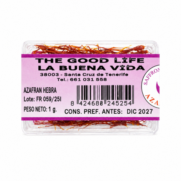 Azafrán en hebras premium 1 g en envase transparente The Good Life Ayurveda sobre fondo blanco.