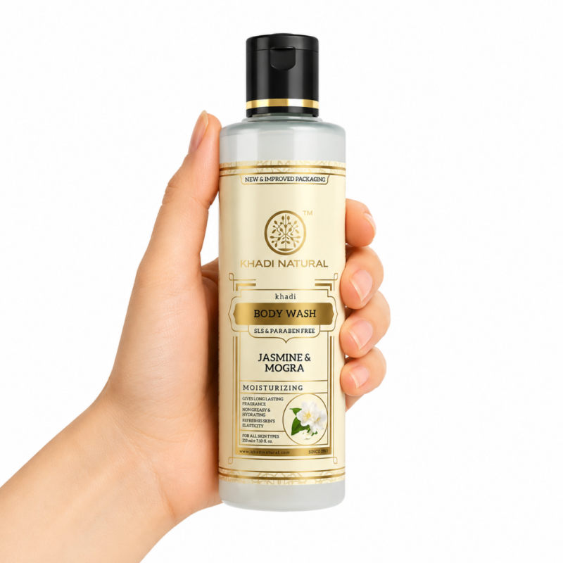 Khadi Natural Body Wash Jasmine & Mogra 210 ml, gel de baño hidratante ayurvédico con jazmín y mogra sobre fondo blanco.
