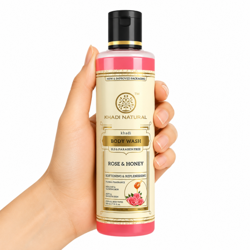 Khadi Natural Body Wash Rose & Honey 210 ml gel de baño ayurvédico hidratante con rosa y miel sobre fondo blanco