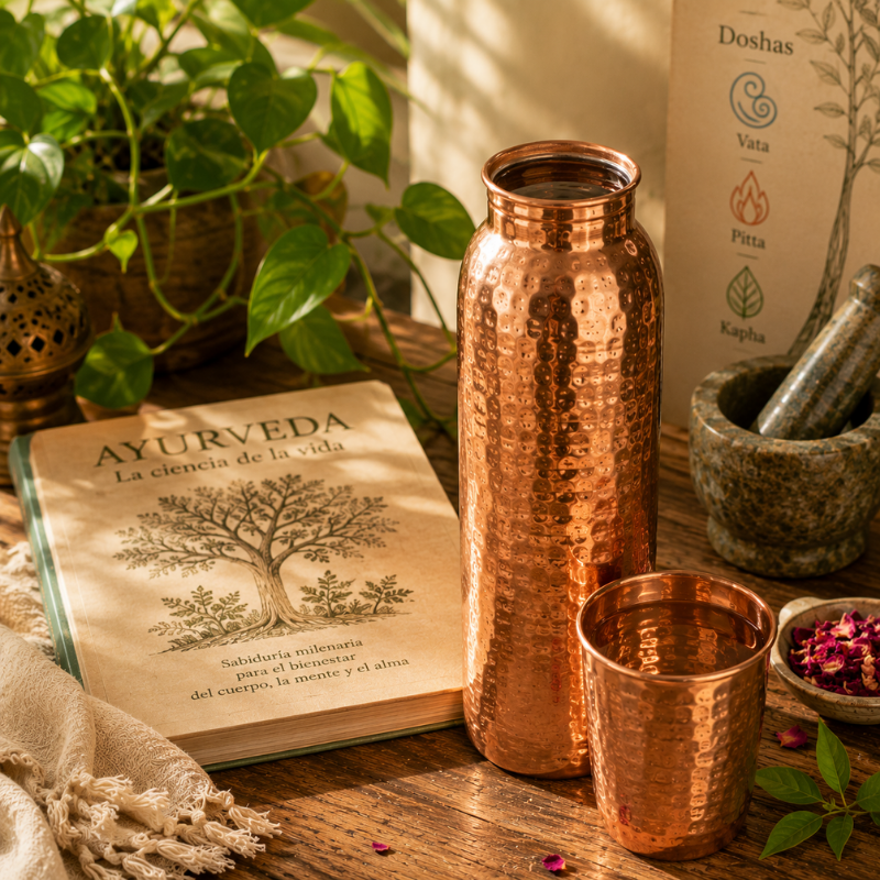 Botella de cobre llena de agua junto a un libro de Ayurveda sobre una mesa de madera, ilustrando la tradición del Tamra Jal en la rutina ayurvédica.