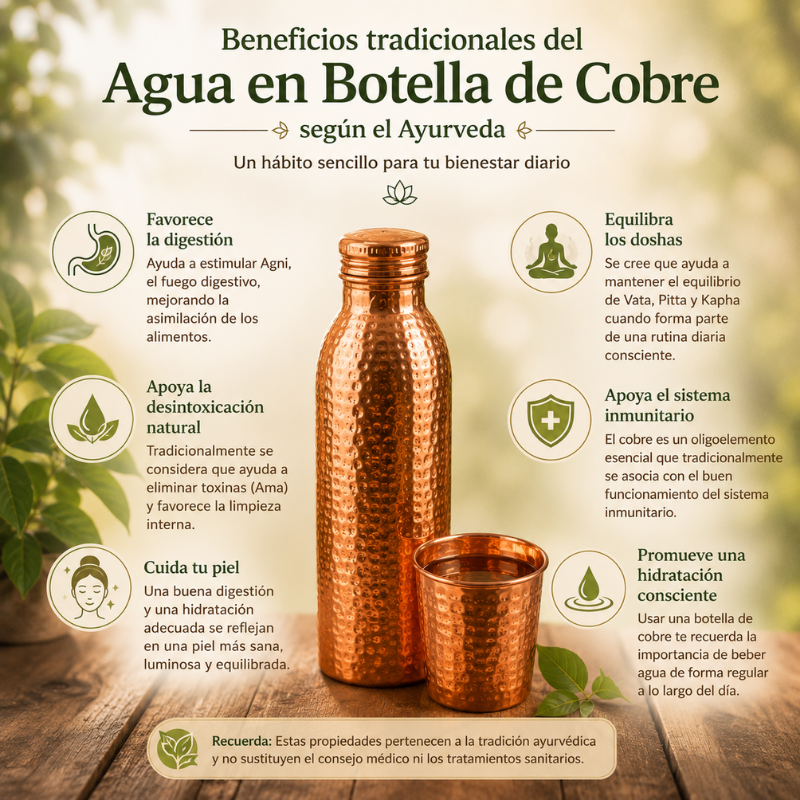 Infografía sobre los beneficios tradicionales del agua almacenada en una botella de cobre según el Ayurveda, incluyendo digestión, hidratación y equilibrio de los doshas.