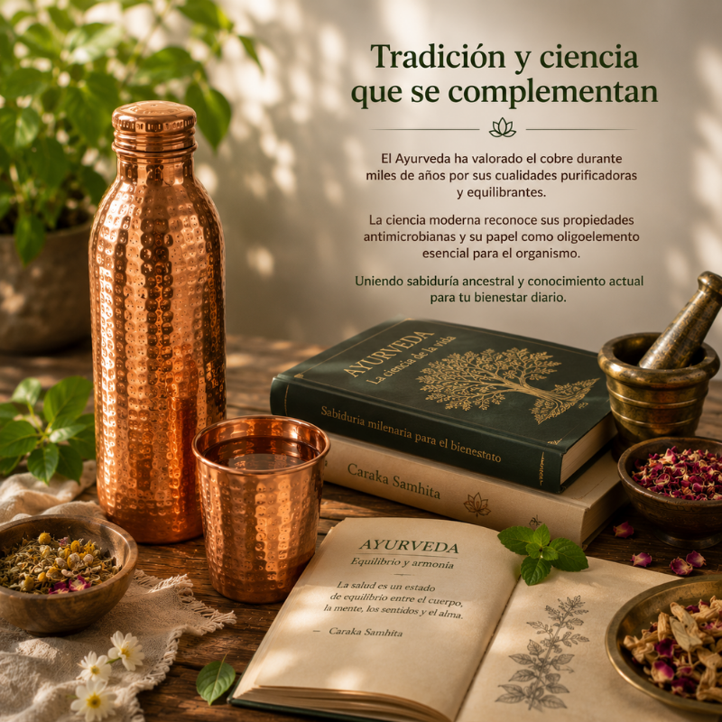 Botella de cobre junto a libros de Ayurveda y hierbas naturales, representando la unión entre la tradición ayurvédica y el conocimiento científico moderno.