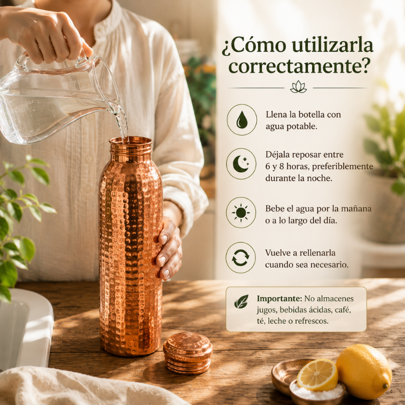 Persona llenando una botella de cobre con agua potable en una cocina luminosa, mostrando cómo utilizar correctamente una botella de cobre según el Ayurveda.