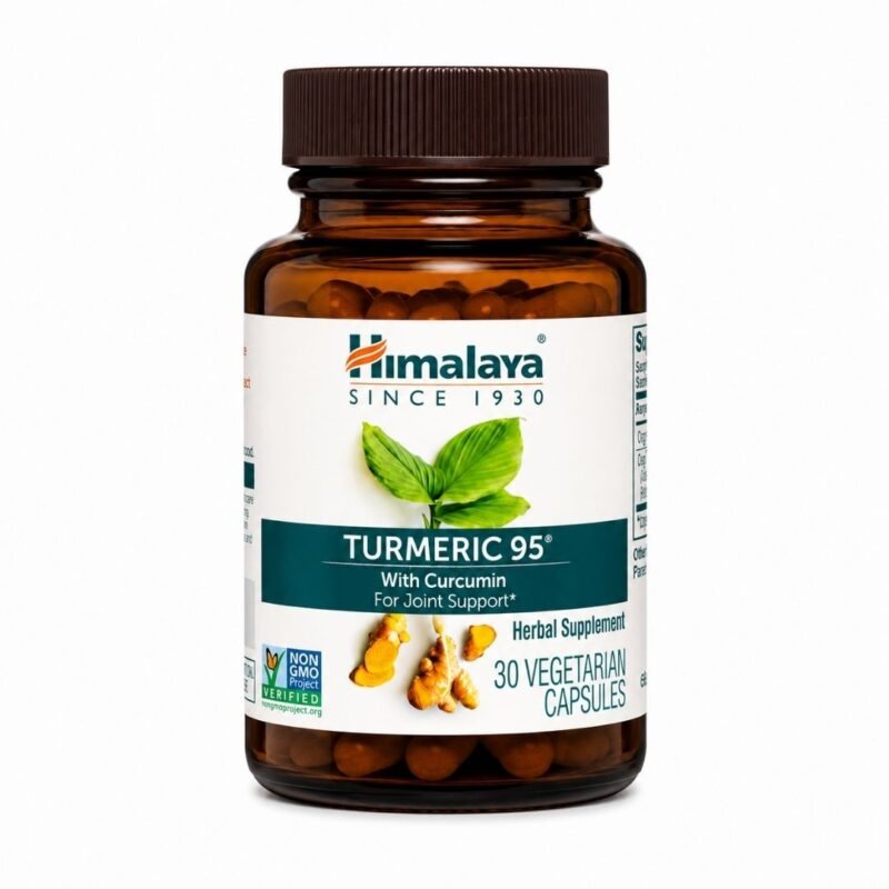 Envase de Himalaya Turmeric 95® con Curcumina de 30 cápsulas vegetales sobre fondo blanco.
