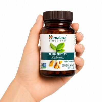 Mano sosteniendo el suplemento Himalaya Turmeric 95® con Curcumina de 30 cápsulas vegetales sobre fondo blanco.