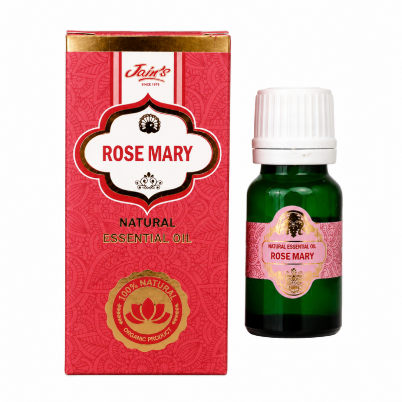 * Aceite Esencial de Romero Jains 100% natural con frasco de cristal verde y caja original sobre fondo blanco.