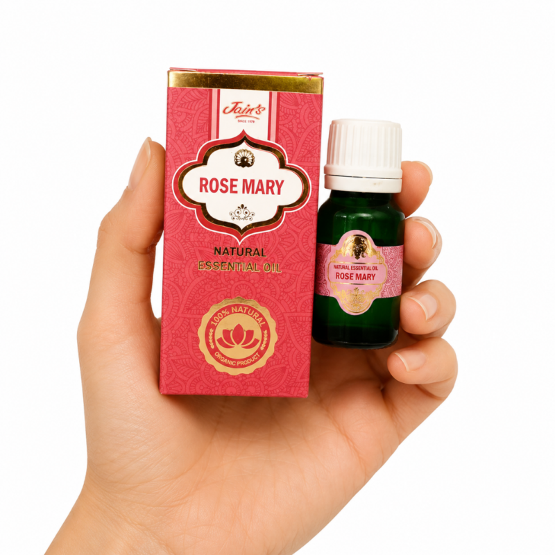 * Mano sosteniendo el Aceite Esencial de Romero Jains 100% natural junto a su caja original sobre fondo blanco.